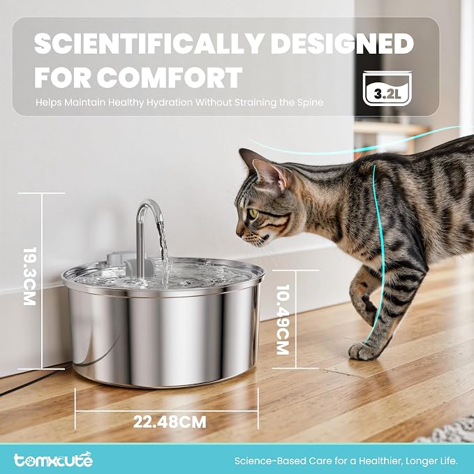 Tomxcute Cat Water Fountain, 3.2L/108oz Automatic Stainless Steel Pet Fountain Dog Water Dispenser, Ultra-Quiet Pump and 3 Replacement Filters & for Cats, Dogs, Multiple Pets
