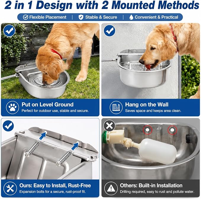 FHTONGE 304 Stainless Steel Automatic Dog Water Bowl Dispenser with Outfall | Float Valves Auto Fill, Wall-Mounted Dog Waterer for Outdoor Big Dog Livestock Poultry Horse Cow Goat Pig Chicken Duck Rabbit