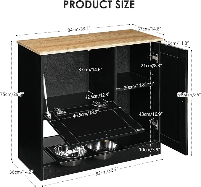 Feeding Station with 2 lockers, pet Feeding Station with 2 Elevated Dog Bowls, Side Hooks, Anti-Tipping kit, Hidden pet Feeding Station for Feeding and Watering, Rattan Door, Black