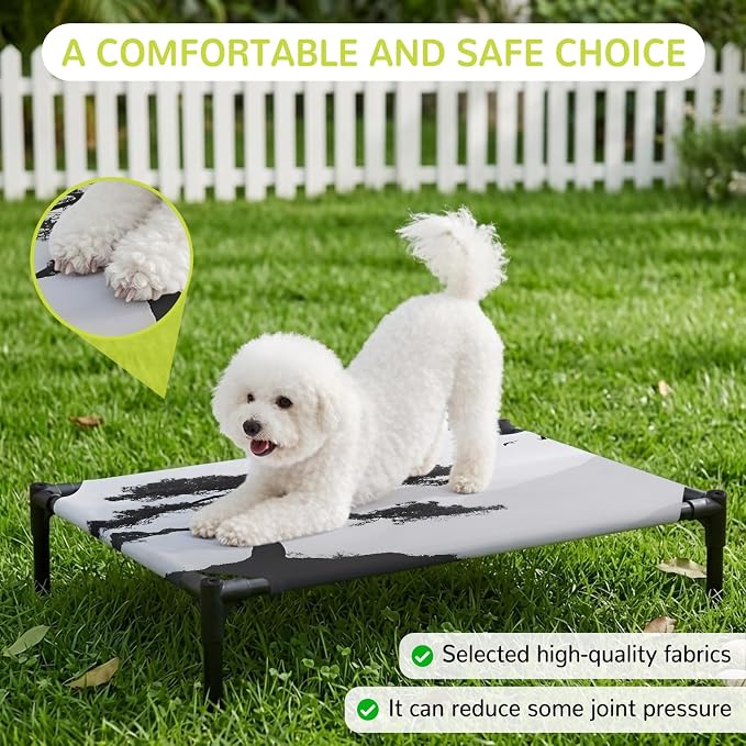 Outdoor Elevated Dog Bed for Medium Dogs, Pine Trees Breathable Cooling Raised Dog Cot for Indoor/Outdoor, Modern Nature Foreset Mountains Birds Waterproof Elevated Pet Beds, M 24 x 20 in