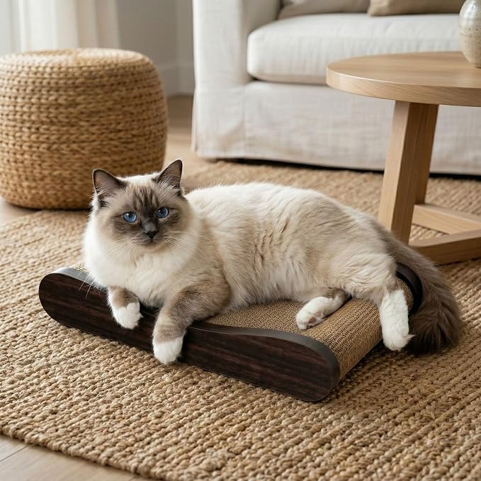 Claw Surfer Cat Bed - Cat Scratcher Bed & Lounge – Heavy Duty High-Density Cardboard, Lasts 5X Longer. Modern Curved Scratching Pad with 20mm White Frame. Non-Toxic, No Mess, Espresso