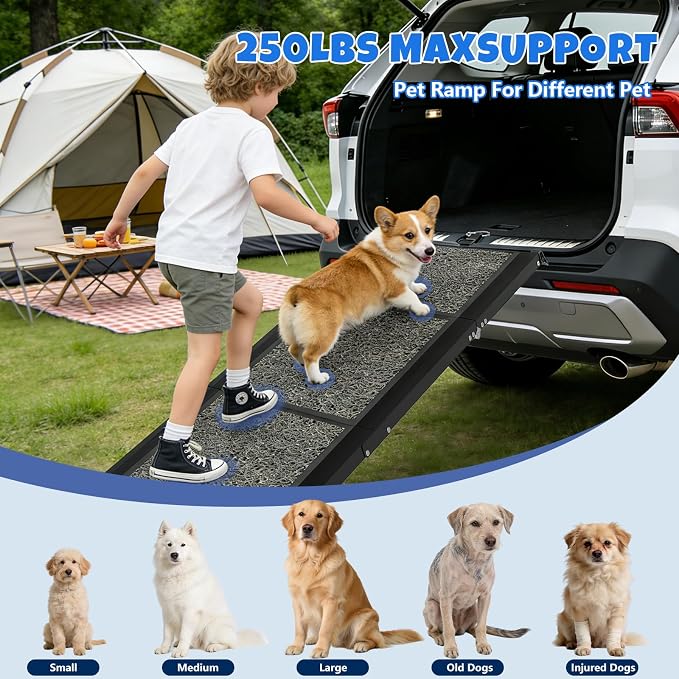 Dog Ramp for Car, Truck, 71"x17" Folding Non-Slip Pet Ramp for Large Dogs | Non-Slip Rug Surface, 250LBS Capacity, Easy to Carry & Storage, Foldable, Fits SUV/Truck, Joint-Friendly Gentle Slope