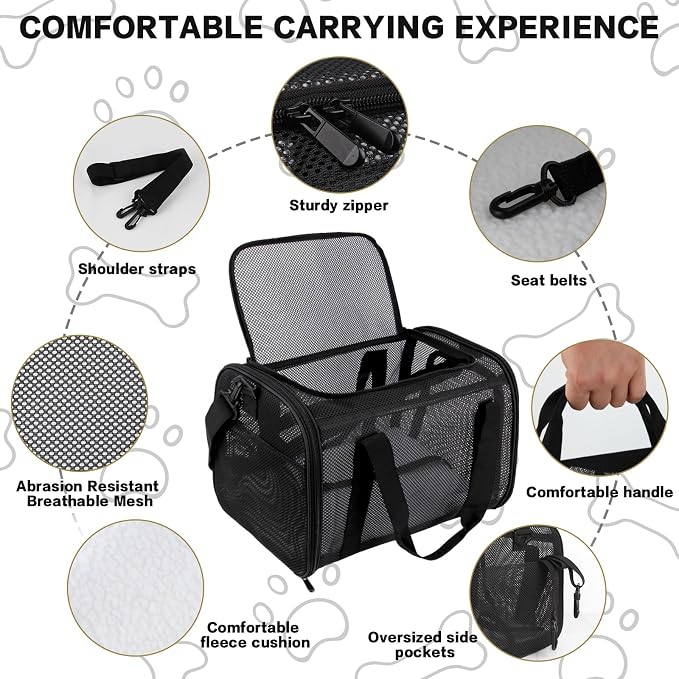 Dog Carrier Pet Carrier for Small Medium Cats Dogs Puppies up to 16 Lbs, TSA Airline Approved, Soft Sided, Collapsible Cat Bag Carrrier (Black, 17 * 11 * 11)
