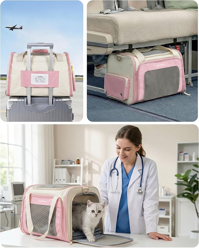 Homespon Soft-Sided Cat Carrier Dog Carrier, 34.5L Airline Approved Pet Carrier, Collapsible Travel Bag with Removable Bed for Small Dogs & Cats (Pink)
