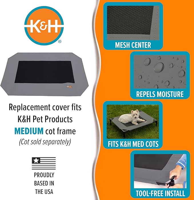 K&H Outdoor Elevated Dog Bed Pet Cot Replacement Cover, Medium 32x25in | Designed to fit K&H Medium Pet Cots (Sold Separately), Indoor Outdoor Dog Bed, Breathable Mesh Center, Machine Washable, Gray