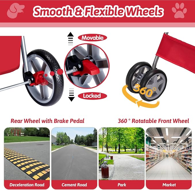 Pet Stroller, 4 Wheels Pet Strolling Cart for Medium/Small Dogs and Cats, Foldable Cat Jogger/Dog Stroller with Cup Holder, Storage Basket, Breathable Mesh, All-Season Pet Carrier, Red