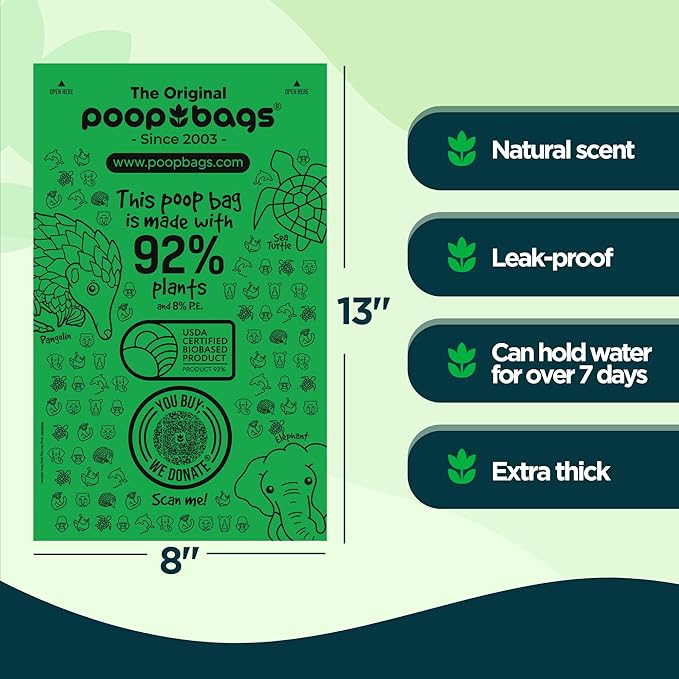 The Original Poop Bags® 92% Plant-Based Dog Waste Bags, USDA Certified Biobased, Extra-Large & Leak-Proof, Single Bulk Roll (200 Count (Pack of 1))