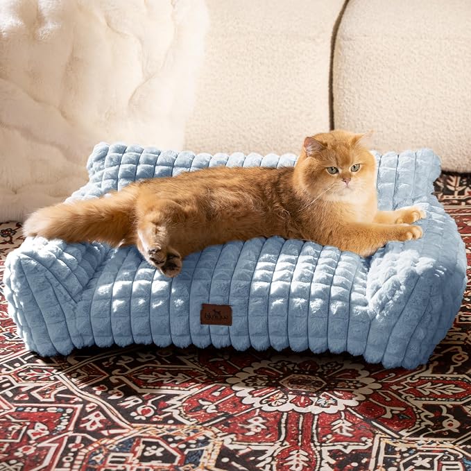 Dog Bed for Small Medium Dogs/Cats, Orthpedic Dog Beds Supportive Cat Couch with Faux Rabbit Fur and Removable Cover, Washable Pet Sofa Bed, 30 Inch, Light Blue