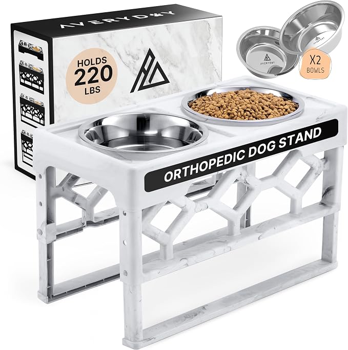 AVERYDAY Elevated Dog Bowls, 4 Height Adjustable Stand for Medium and Large Dogs, Raised Dog Feeder Holder with 2 Stainless Steel Food and Water Bowls, Anti-Slip Base Tall Feeding Station