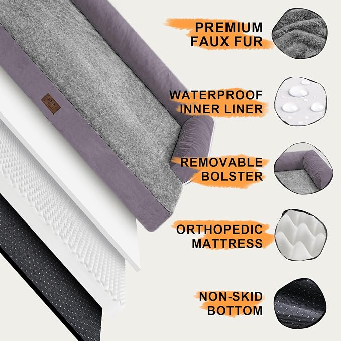 Orthopedic Waterproof Dog Bed with Bolster for Extra Large Size Dogs | Pillow Support for Neck Relief, Egg Crate Foam, Waterproof Liner, Anti-Slip Bottom, Removable Bolster Cover, 48 x 33 Inch