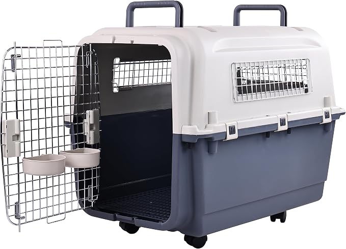 Elevon Plastic Kennels Pet Carrier Rolling Plastic Airline Approved Wire Door Travel Dog Crate, Large (30.7" L x 21.3" W x 22.8" H)