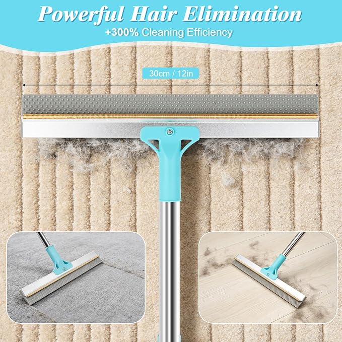 4 in 1 Carpet Rake for Pet Hair Removal - Reusable Pet Hair Removal Glove for Dog Cat Fur Remover, Contain 23-54" Rubber Broom, Silicone Comb Gloves, Magic Brush and Small Scraper for Sofa, Rugs, Mats