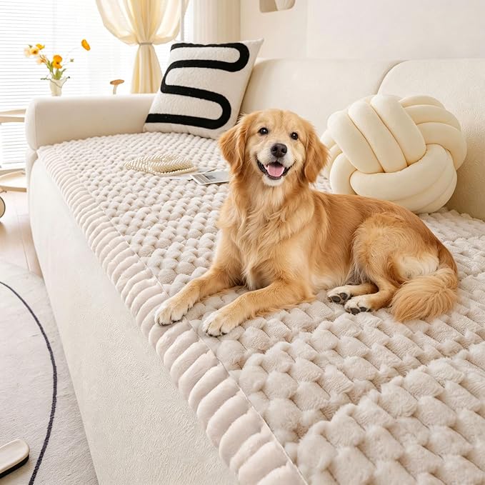 OTOB Couch Cover for Dogs Washable All Seasons Non Slip Fuzzy Pet Couch Covers Sofa Slipcovers Cushion Mat, Plush Soft Cozy Furniture Protector Kids Pet Friendly (Cream, 23.6" x 47.2")