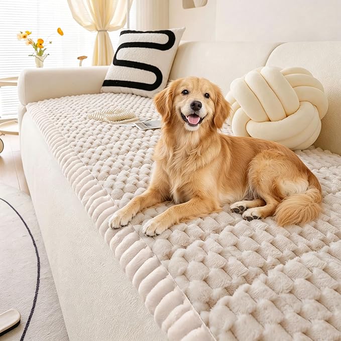 OTOB All Seasons Couch Covers for 3 Cushion Sofa Pet Friendly, Non Slip Plush Fuzzy Sofa Covers Washable, Soft Cozy Sofa Slipcovers Dog Bed Mat Furniture Protector (Cream, 27.6" x 82.7")