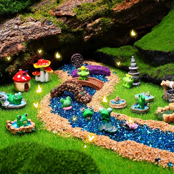 24 Pcs Mini Resin Frog Figures Miniature Fairy Garden Accessories Mushroom Pond Bridge Lighthouse Figures Water Well Fake Lawn Figurines Decoration for DIY Craft Plant Pot Garden Decor
