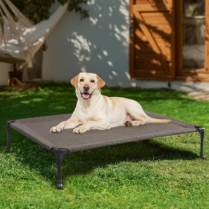 Veehoo Outdoor Elevated Dog Bed Large Sized Dogs, Cooling Raised Dog Cots | Off-ground training platform, portable camping hammock, breathable mesh, easy to clean, no-tool setup, 42"x30", Brown