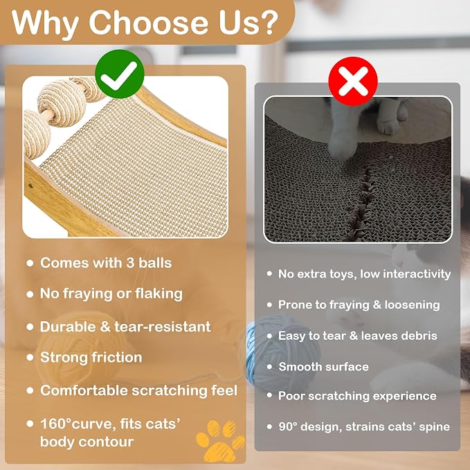 DWCN 3-in-1 Large Cat Scratcher Bed Hammock Lounge Scratching Post Scratch Pad with 3 Natural Sisal Balls - Furniture Protector Gift for Indoor Cats
