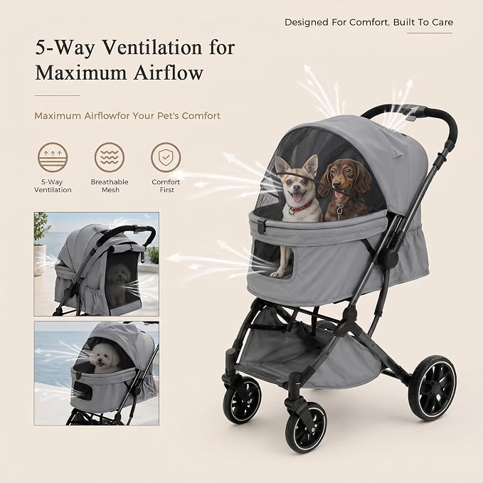 MUTTROS Dog Stroller, Pet Stroller for Small Medium Dogs & Cats Up to 66lbs, One Click Folding, Large Cat Stroller w/All Terrain Shock Absorbing Wheels, Reversible Handle, Multiple Pockets, Khaki