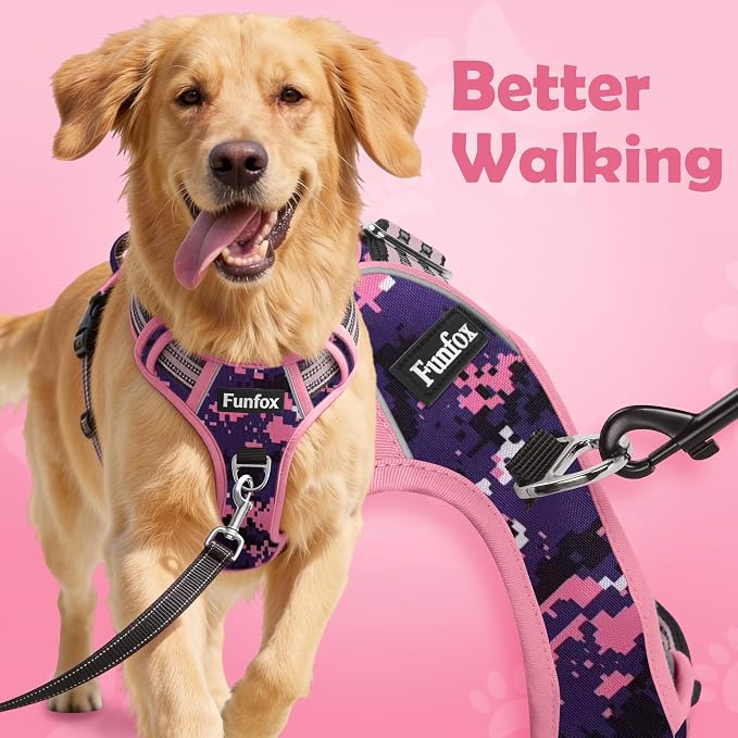 Dog Harness No Pull, Adjustable Pet Vest Harness, Super Soft Material with Vertical Handle Easy Control, Reflective Night Walking, 2 Leash Clips for Large Dogs, Mosaic Pink, L