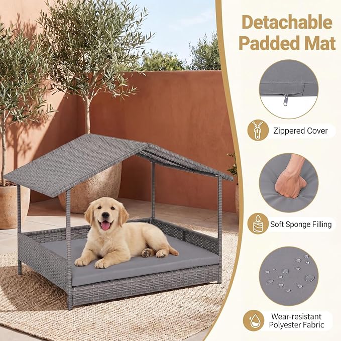 Tangkula Wicker Dog House, Indoor & Outdoor Raised Rattan Bed w/Removable Cushion, Washable Cover, Sloping Roof, Rattan Weather Resistant Puppy Shelter w/Elevated Floor for Small Medium Dogs