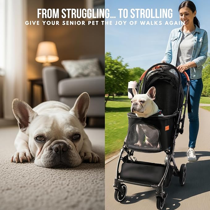 Bicystar Foldable Dog Stroller for Small Medium Dogs & Cats, 45 lbs, Black | For senior & injured pets, Travel-friendly, All-terrain 4 wheels, Aluminum frame, 42" handle for tall users, Two tethers