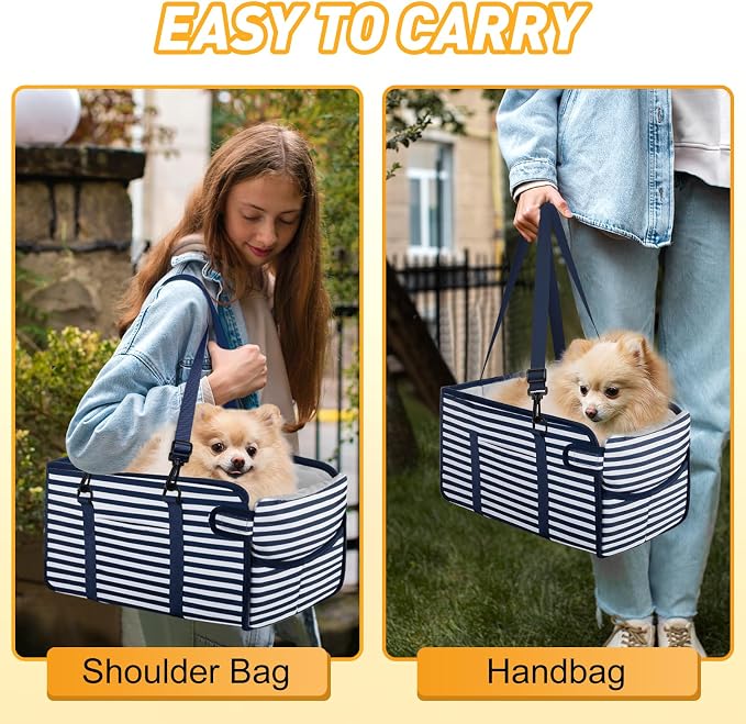 Portable Dog Car Seat for Small Dogs, Puppy Car Seat, Blue Stripes | Booster Seat With Safety Leash & Adjustable Straps Keeps Small Dogs Secure. Removable Washable Cushion. Fits Most Cars.