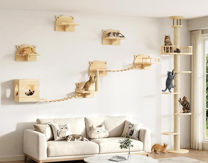 Wood Cat Climbing Furniture Set with Floor to Ceiling Cat Tree | 6 Tier Cat Tower Adjustable Height (95-110in) and Wall Mounted Cat Shelves, with Cat Scratching Post, House, Condo, Burlywood