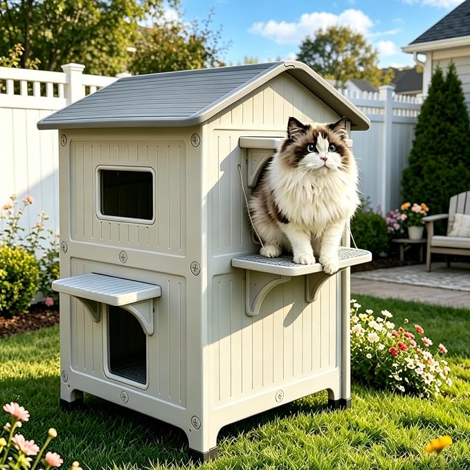 HiCaptain Outdoor Cat House 2 Story HDPE Weatherproof for Feral Cat, Grey | 21.5" D x 21" W x 34" H, Plastic Elevated Insulated Cat Shelter with Escape Door, Easy Clean & Assemble, Expansive Interior‌