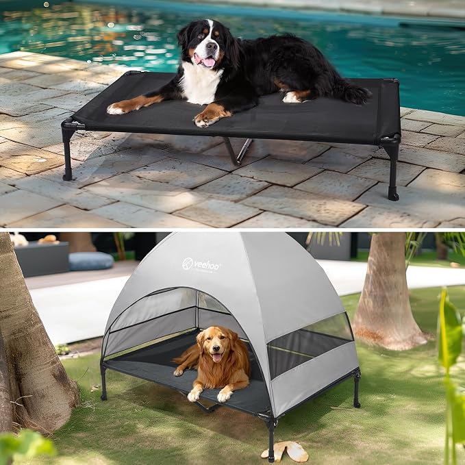 Veehoo Outdoor Dog Bed with Canopy, Cooling Elevated Dog Shade for Outside | Portable Raised Dog Cot with Removable Shade, Sun Protection Dog Tent Outdoor for Camping, Beach, 49" x 43.5", Black