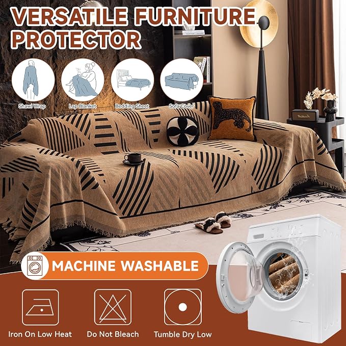 VClife Boho Couch Cover Washable Sectional Sofa Cover, Pet Couch Cover for Loveseat Versatile Coffee Black Geometry Sofa Throw Cover for L-Shape Sofa - Anti Slip Couch Sofa Cover for Dog 71"x118"