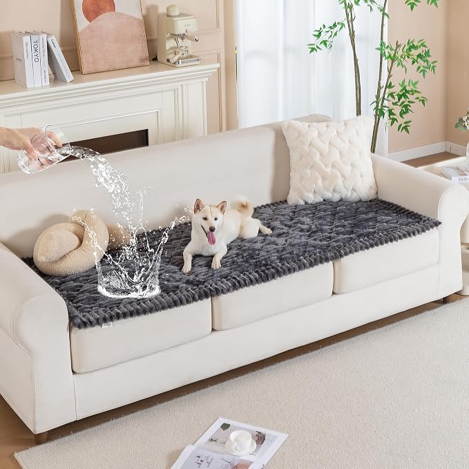 PuTian 100% Waterproof Fuzzy Couch Cover for Dogs Dark Grey 27.6"x70.9" | Pet Friendly Dog Mat for Couch, Waterproof Sofa Protector, Scratch Resistant Furniture Cover for Dogs, Machine Washable