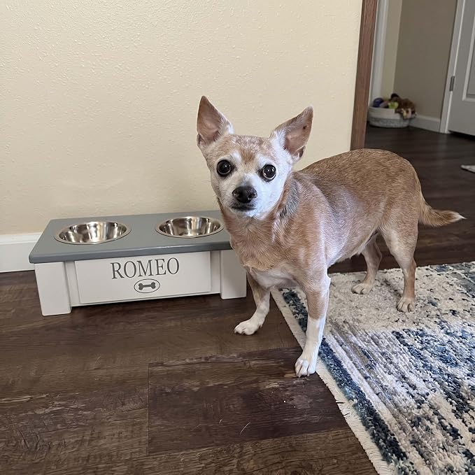 Elevated Dog Bowls for Small Dogs, Personalized Food Stand for Toy Breed | Farmhouse Style, Elevated Wood Stand, Storage Container, Stainless Steel Bowls, Raised Anti-Slip Feeder, Made in USA