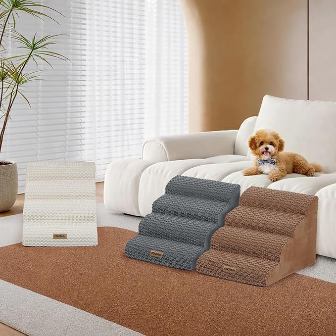 Extra Wide 4 Steps Dog Stairs for Bed & Couch 18" H, More Stable Non-Slip Dog Ramps with Gentle Slopes, Stylish Indoor Pet Steps for Medium & Large Dogs, Coffee