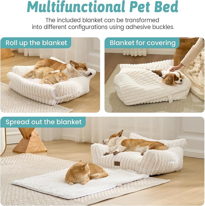 COZY KISS Cute Cat Bed with Removable Cover, Multifunctional Plush Faux Fur Pet Couch Bed with Blanket, Ultra-Soft Pet Furniture for Cats & Small Dogs (Cream, M: 32''x24'')