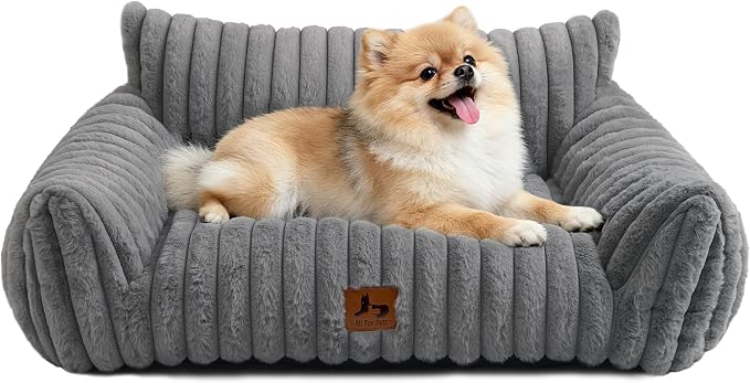 Cat Couch for Pets, Cute Small Dog Couch Bed with Cozy Soft Faux Rabbit Fur for Small Dogs, Fuzzy Dog Couch for Indoor Cats, Supportive Pet Sofa with Removable Washable Cover, Light Gray, 30"