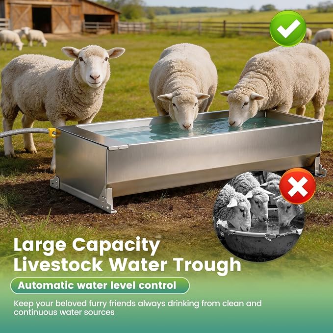 12Gal Automatic Livestock Water Trough, Stainless Steel Auto Dog Water Bowl Dispenser with Float Valve Kit, Self Filling Livestock Waterer Outdoor Extra Large Bowl for Dog Horse Goat Cow