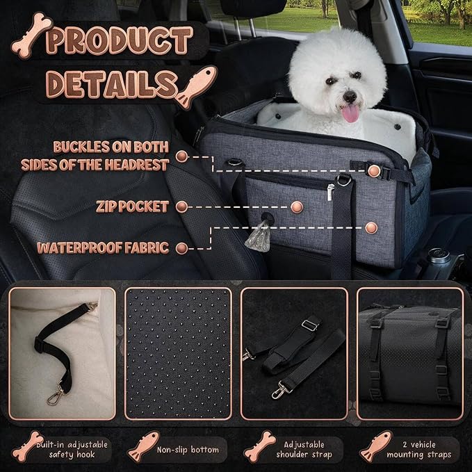 YUDODO 10-18lbs Large Console Dog Car Seat with Removable Velvet Cushion | Portable Puppy Cat Seat, PU Leather, Waterproof, Wipe Clean, Safe & Durable, Side Pockets, for Truck & SUV-Width>9.5in, Gray
