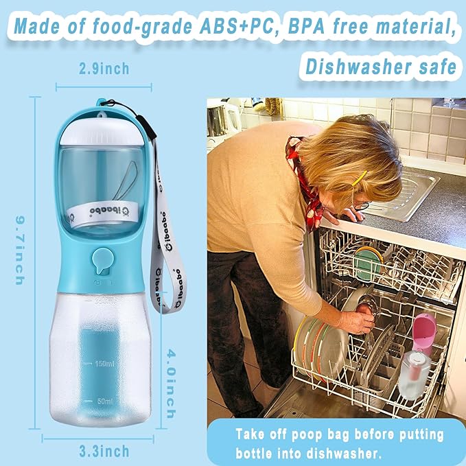 Cibaabo Dog Water Bottle with Food Container & Poop Bag Holder, Travel Water Bowl, Portable Pet Dispenser, Dog Gifts Stuff Accessories Items, Puppy Essentials for Yorkie Chihuahua Walking Hiking