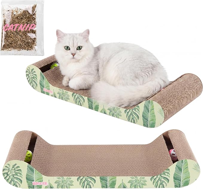 Rini 23.75" Modern Corrugated Cardboard Lounge Bed with Built-in Bell Toys and Catnip, Ergonomic Curved Sofa Scratcher for Indoor Cats, Mint/Green, (Set of 2) CSR1003E-SET2