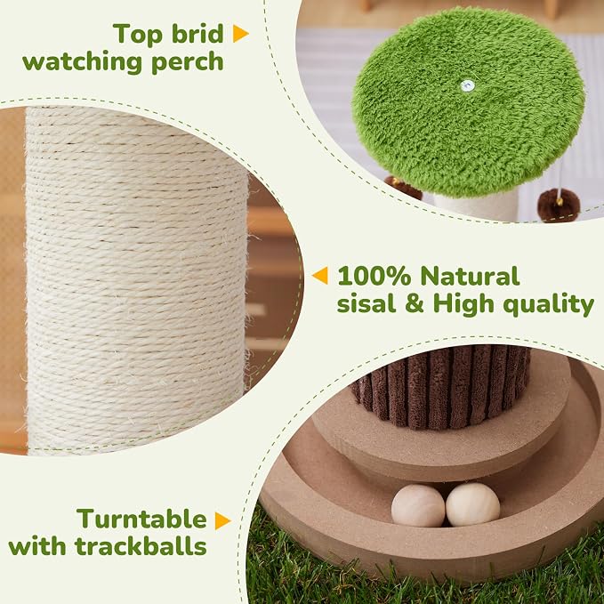 Woochpet Cat Scratching Post 34 Inch Tall Heavy Duty Sisal Scratcher with Interactive Track Mouse Toy Condo Top Jingle Balls for Indoor Kittens,Green