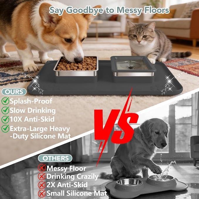 Dog Bowl Set, No Spill Dog Water and Food Bowl with Silicone Mat | Large Capacity 304 Stainless Steel Bowls, 2-In-1 Set, Slow Drinking, Anti-Slip Silicone Feeding Mat, Home/Travel, 6-7 Cups