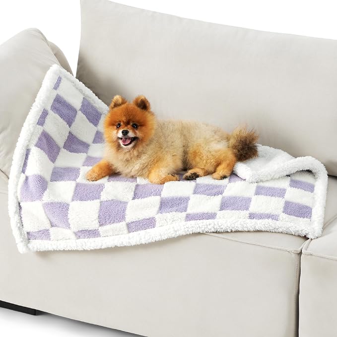 LE SURE Waterproof Dog Blankets for Small Dogs Cute Cozy 3D Jacquard,25x35 | Puppy Blanket for Cat Aesthetic Gift, Warm Soft Sherpa Throw Washable, Reversible Pet Couch Protector, Lavender Checks