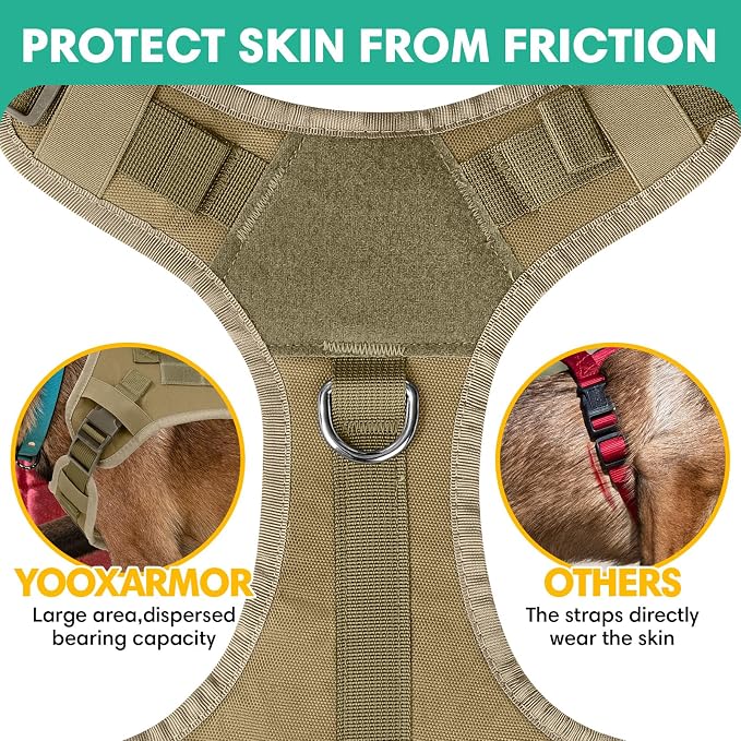 YooxArmor No Pull Dog Harness and Leash Set, Tactical Adjustable for Large Dog, Easy Walk Soft Vest Padded Oxford for Training Hiking (Khaki-L)