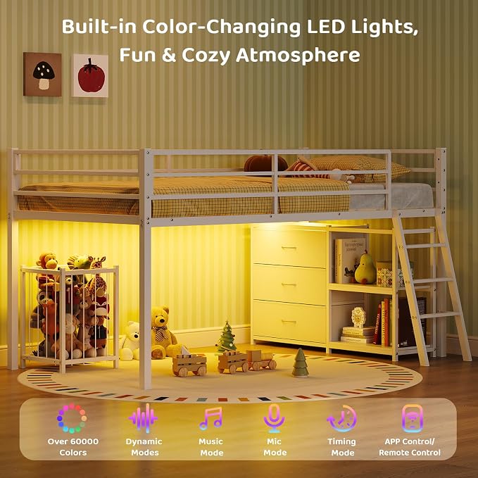 Bonnlo Low Loft Bed with 3 Drawers, 2-Tier Storage Shelf and Toy Storage Basket, Metal loft Bed Twin Size with LED Lights and Safety Guardrail for Kids (White)