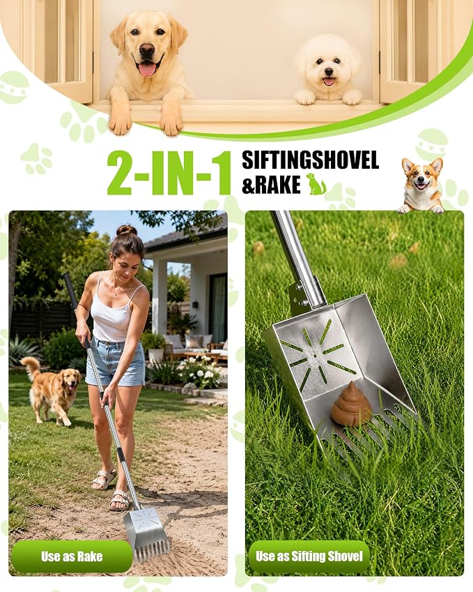 71" Stainless Steel Pooper Scooper, 3-Adjustable Angle Dog Shovel & Rake | Heavy Duty Metal Poop Scoop for Large Dogs with Adjustable Long Handle Outdoor Yard Grass Pet Waste Removal Shovel