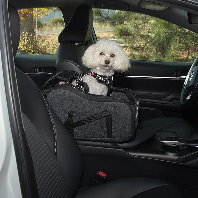 K&H Dog Car Seat, Portable Pet Center Console Seat, for Pets Under 8 lbs. | Secure Armrest Booster Cat Carrier with Safety Tether, Zippered Enclosure, 2 Pockets, Washable Plush Pad, 15x10x9.5, Charcoal