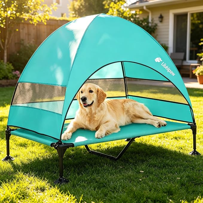 Outdoor Elevated Dog Bed with Canopy for Large Dogs, Blue, XL | Breathable Raised Cot with Shade, Tool-Free Setup for Patios, Backyards and Camping
