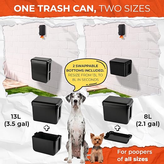 PEXTER Outdoor Dog Poop Trash Can Outside - Wall Mounted Dog Waste Bin & Garbage Can, 2-in-1 Converts 13L to 8L (3.5/2.1 Gal), Pet Waste Container for Dogs - Includes 15 Heavy Duty Bags (Black)