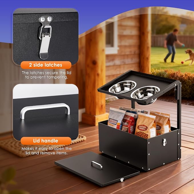 Elevated Dog Water Bowl with Storage Box Large Breed, 3 Adjustable Height | Raised Dog Bowl with Stand, Stainless Steel Pet Food Bowl & Water Bowl Indoor & Outdoor Use, Easy Clean