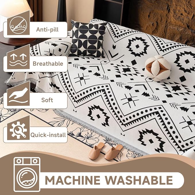 VClife Bohemian Couch Cover Aztec Geometric Chenille Sofa Cover for Sectional Couch - Black and White Zigzag Pattern Sofa Slipcover for 2 Cushion Couch Sofa 71" X 118"